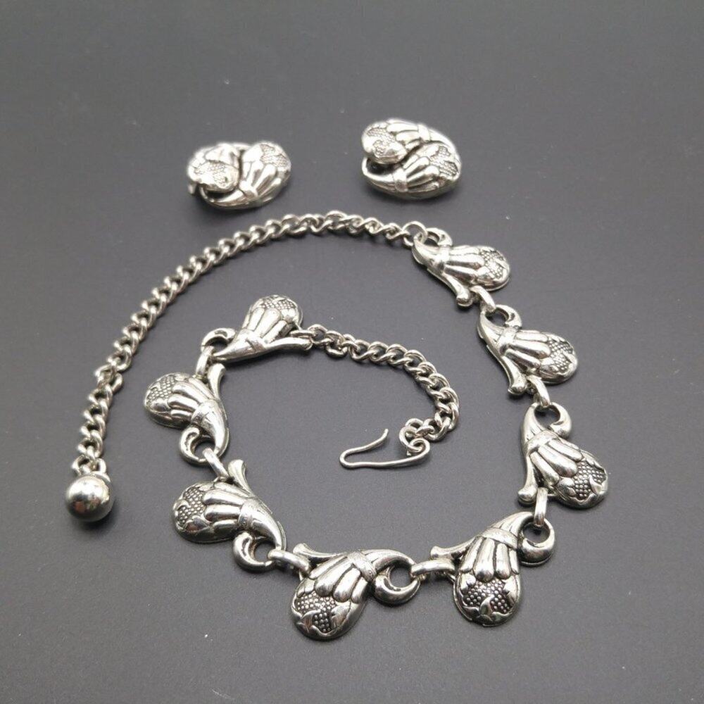Vintage Silver Tone Floral Link Necklace & Clip Earrings Set Mid Century
